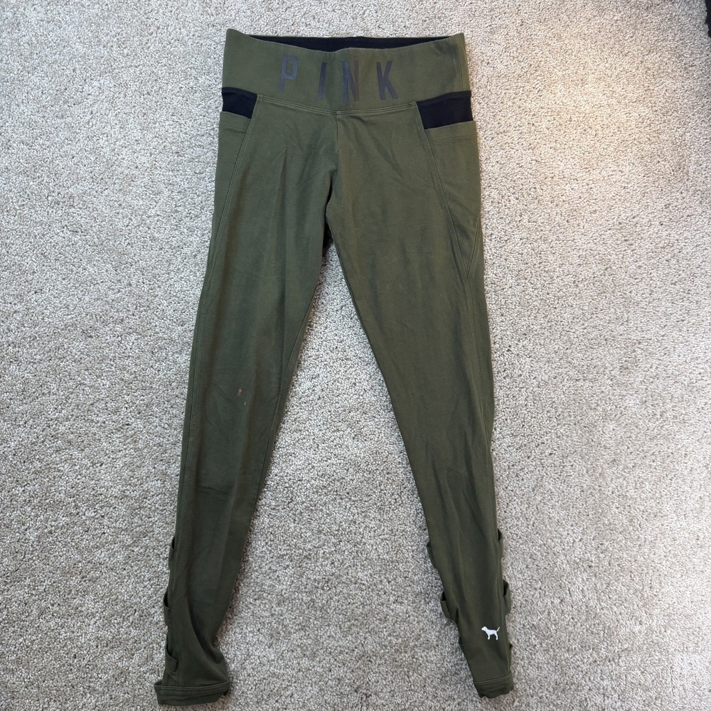 PINK Victoria's Secret Leggings Womens Small Green Yoga Lattice Ankle Pockets